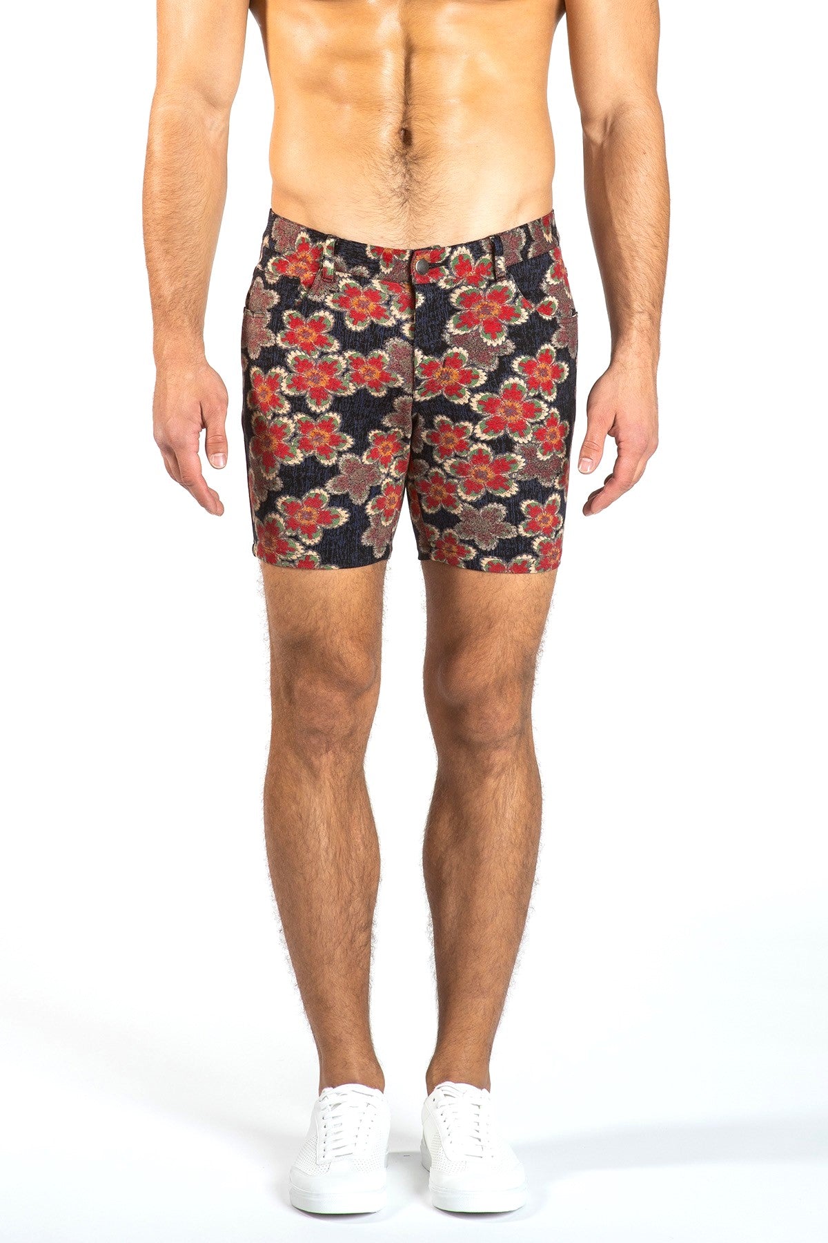 RED/NAVY FLORAL 5" STRETCH KNIT JEANS SHORTS Final Sale