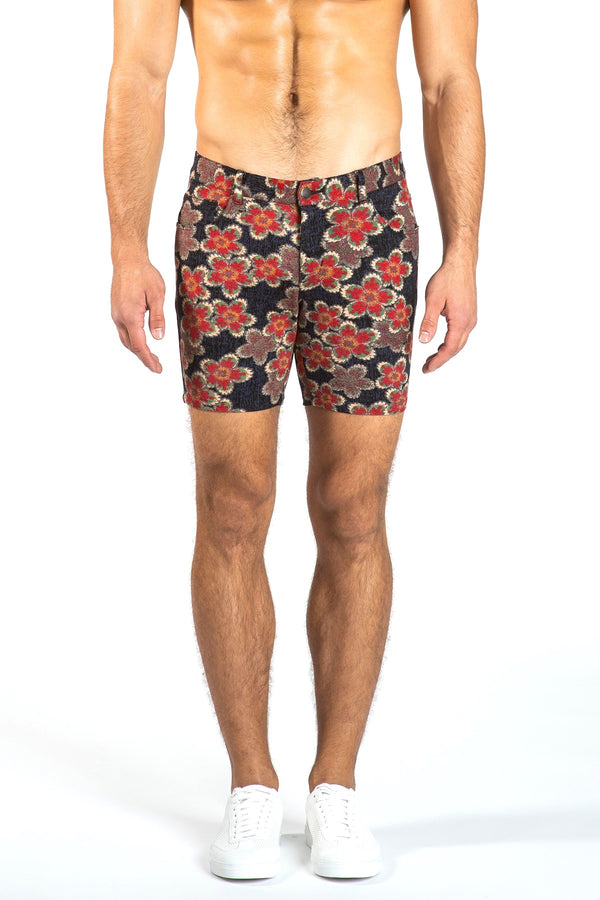 RED/NAVY FLORAL 5" STRETCH KNIT JEANS SHORTS Final Sale