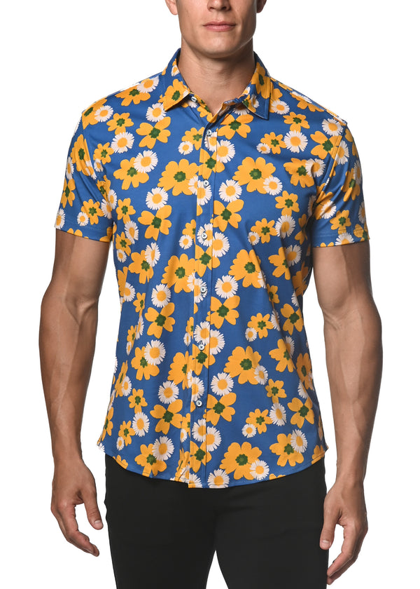 ROYAL/YELLOW FLORAL STRETCH JERSEY KNIT SHORT SLEEVE SHIRT  ST-9272