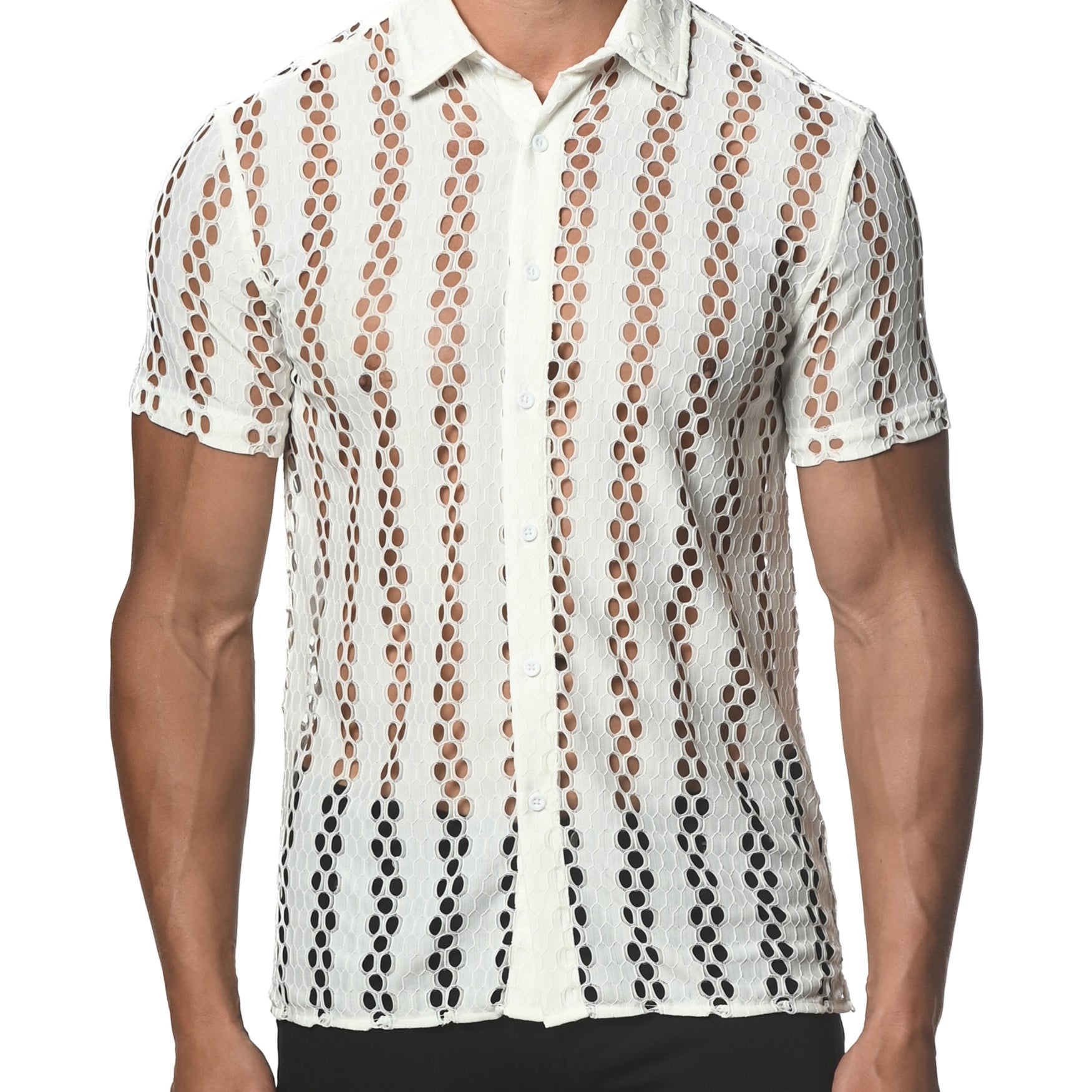 WHITE HONEYCOMB STRETCH LACE GOSSAMER SHIRT ST-24014