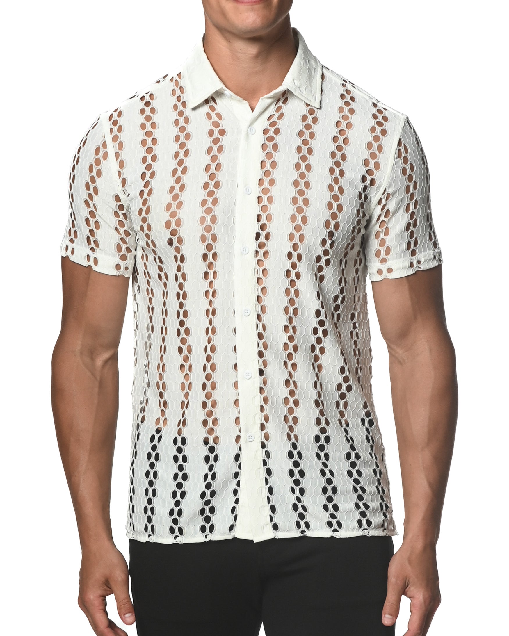 WHITE HONEYCOMB STRETCH LACE GOSSAMER SHIRT ST-24014