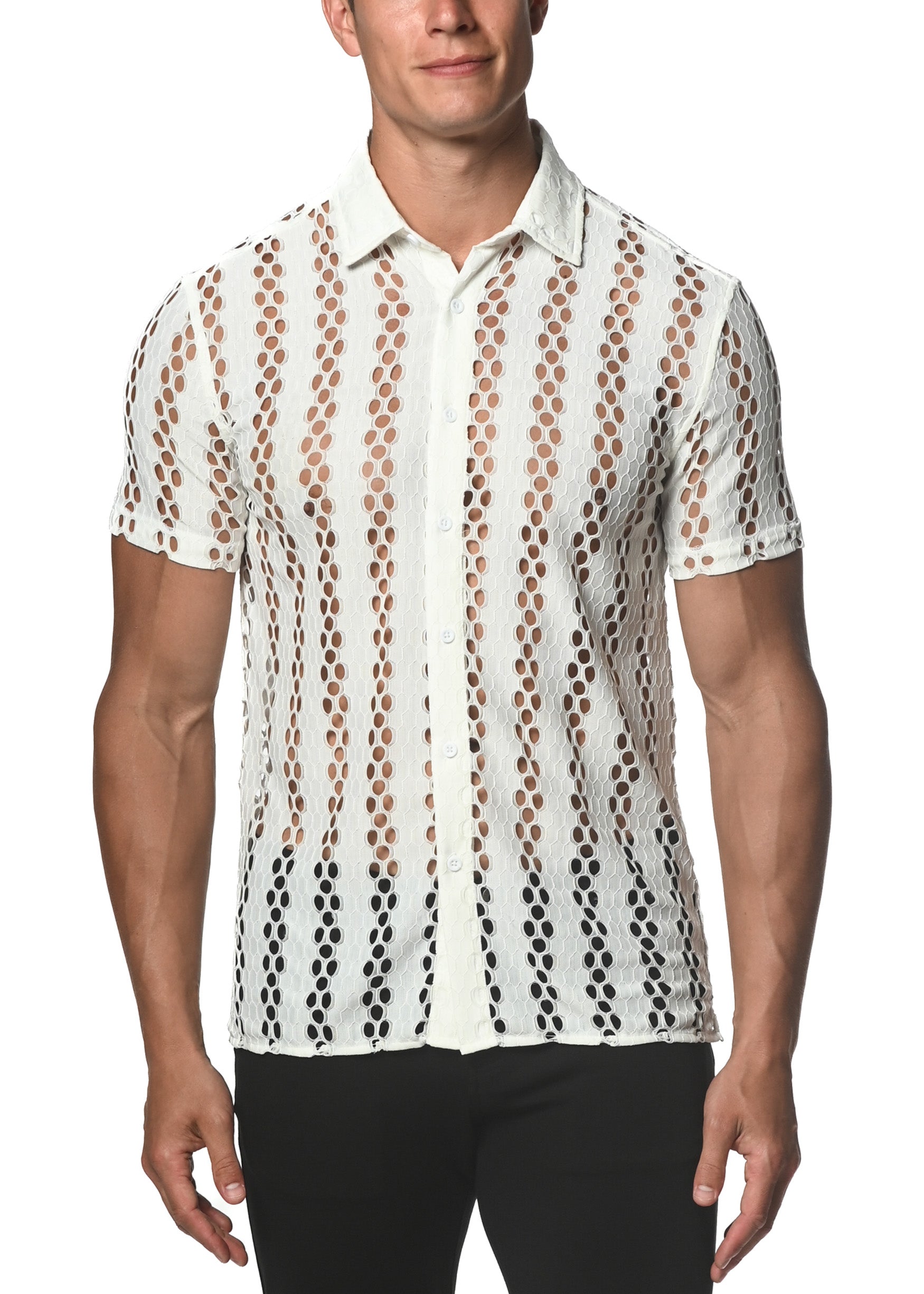 WHITE HONEYCOMB STRETCH LACE GOSSAMER SHIRT ST-24014
