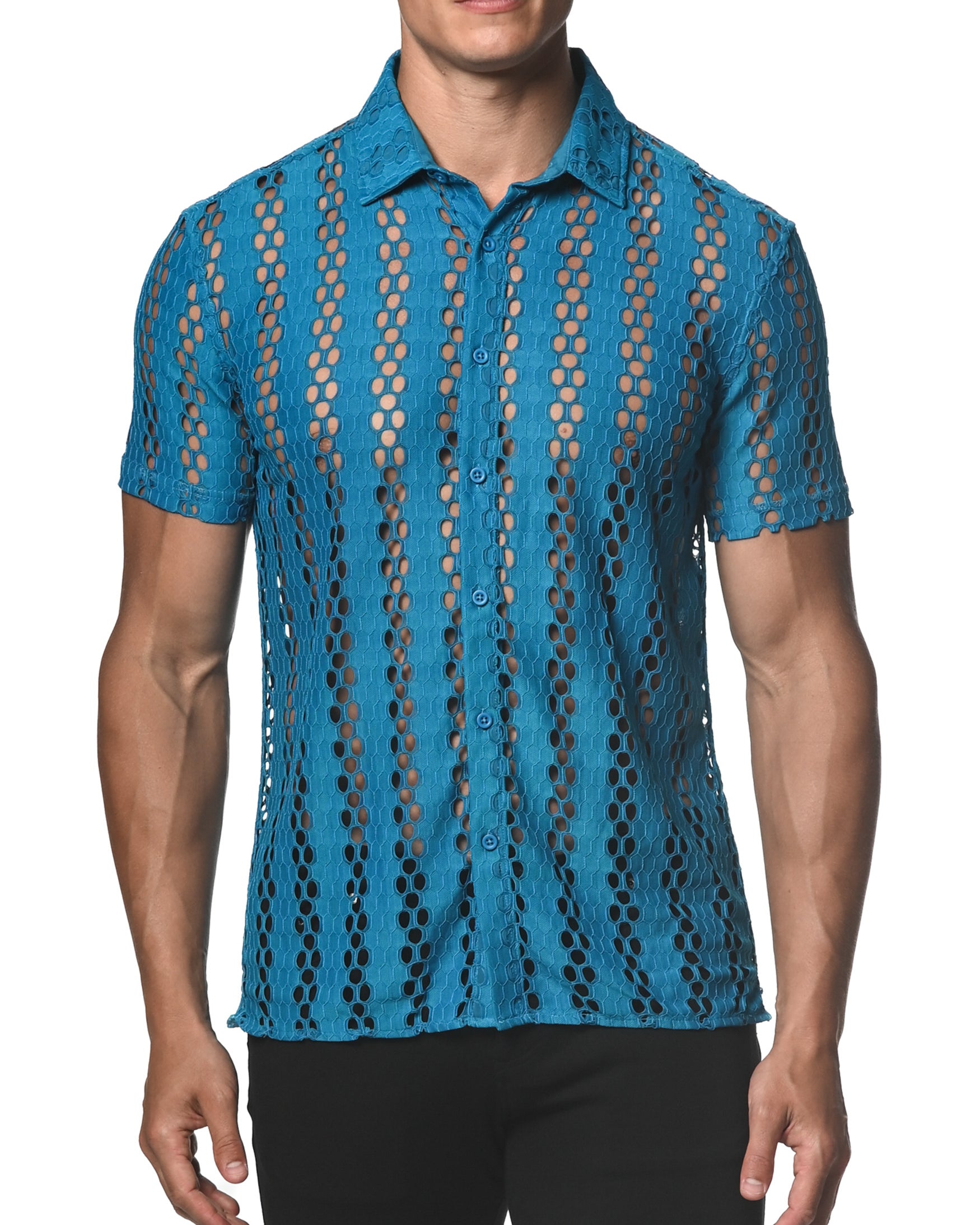SAPPHIRE HONEYCOMB STRETCH LACE GOSSAMER SHIRT ST-24014