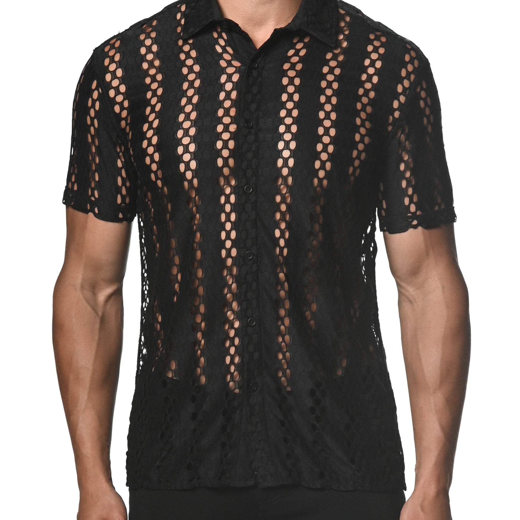 BLACK HONEYCOMB STRETCH LACE GOSSAMER SHIRT ST-24014