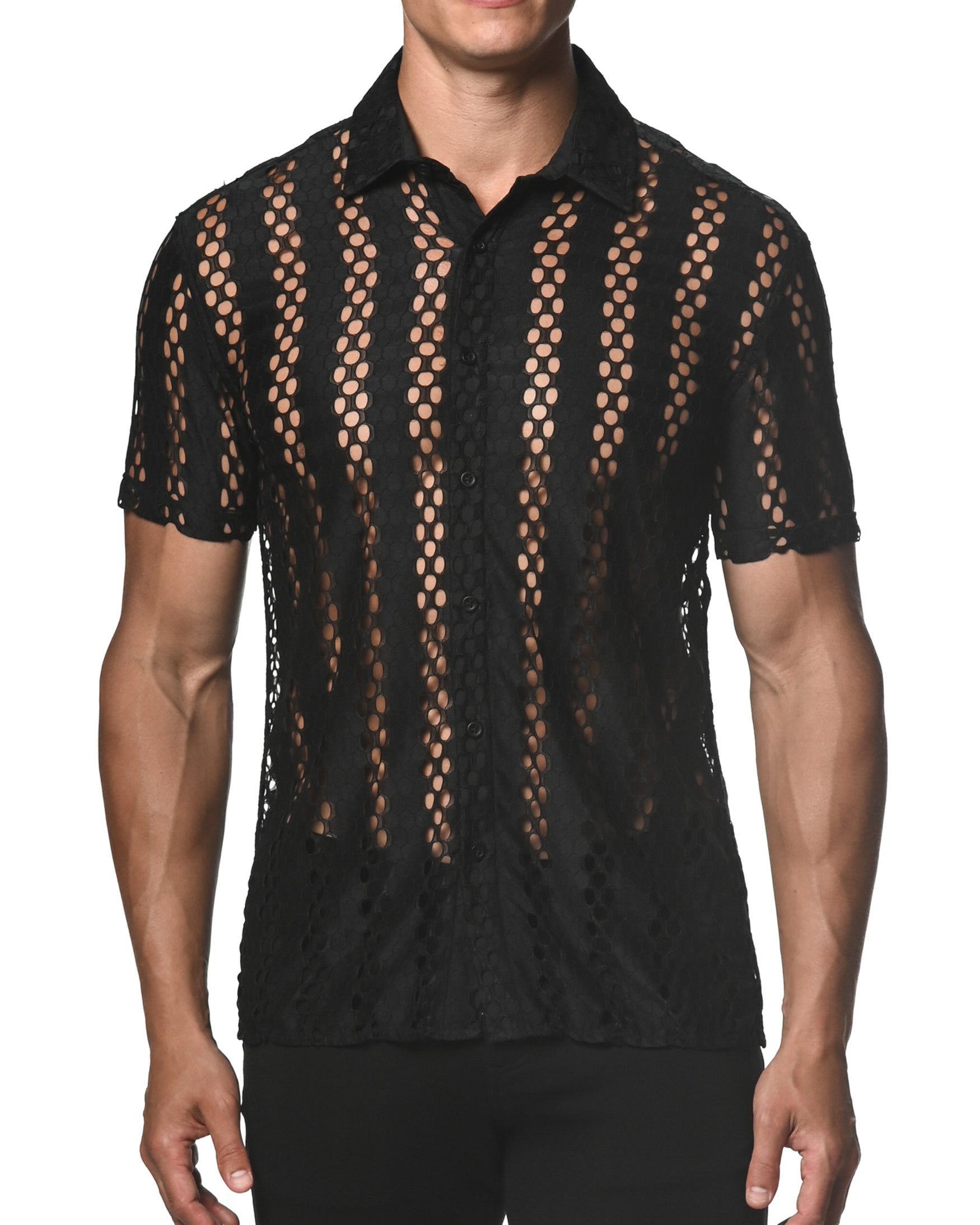 BLACK HONEYCOMB STRETCH LACE GOSSAMER SHIRT ST-24014