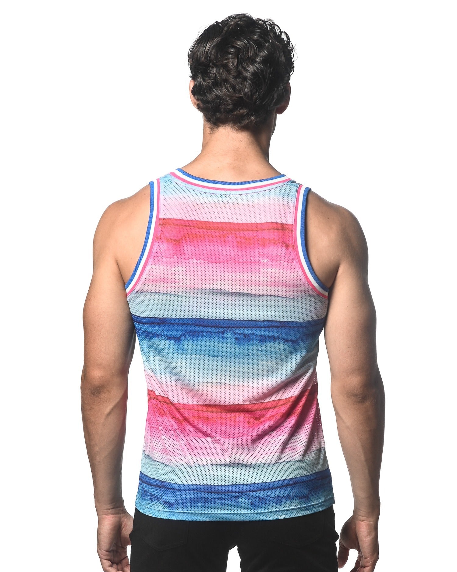 FUCHSIA/COBALT STRIPES PRINTED STRETCH MESH SINGLET ST-11097