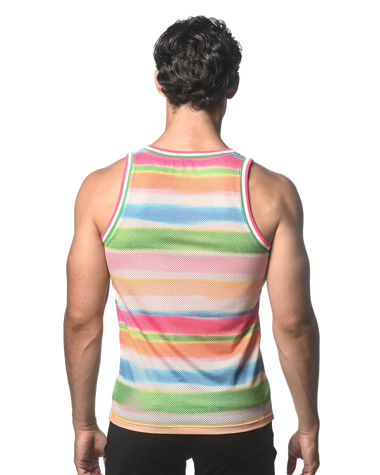 GREEN/CANDY STRIPES PRINTED STRETCH MESH SINGLET ST-11099