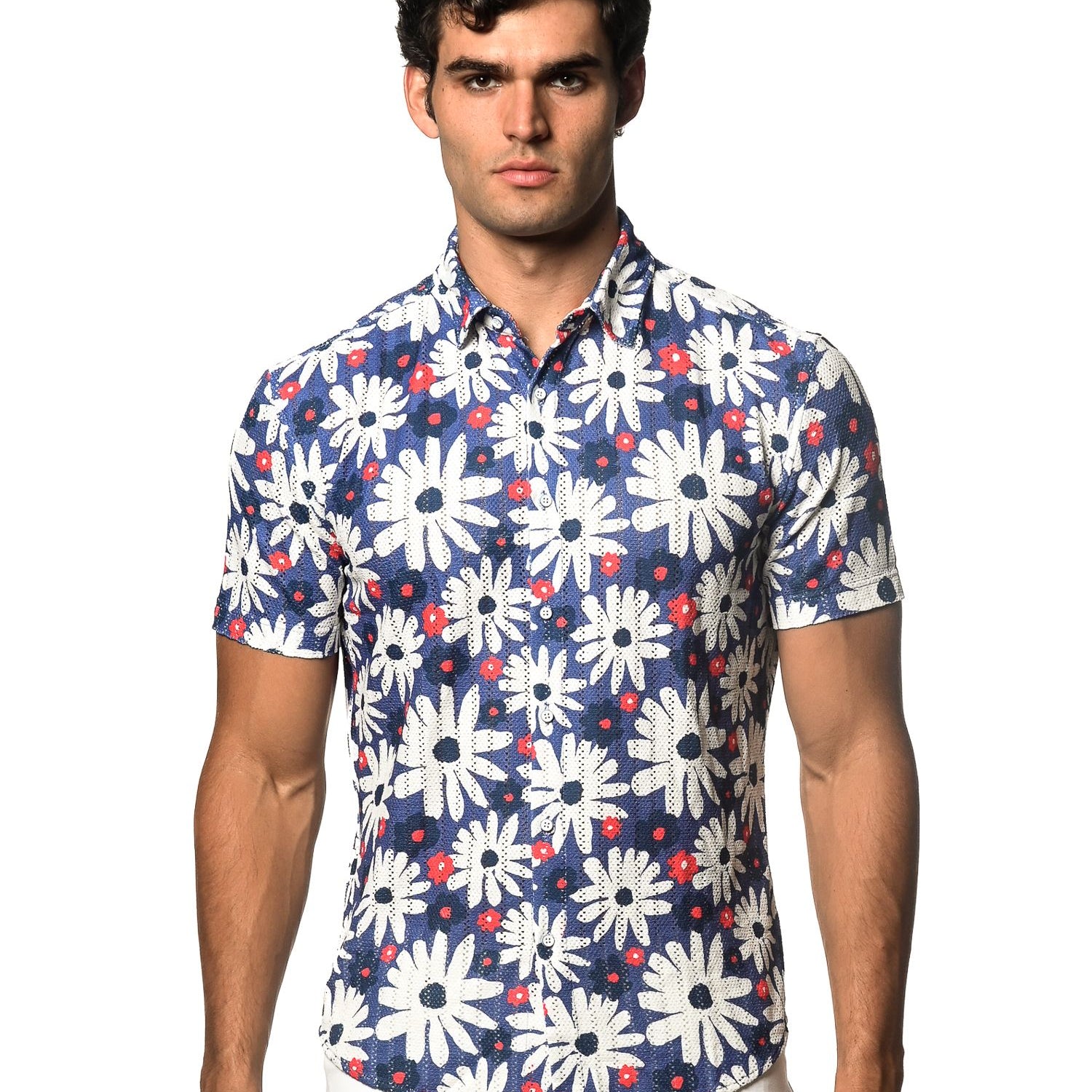 BLUE/ WHITE DAISIES PRINTED OPEN KNIT STRETCH SHORT SLEEVE SHIRT
