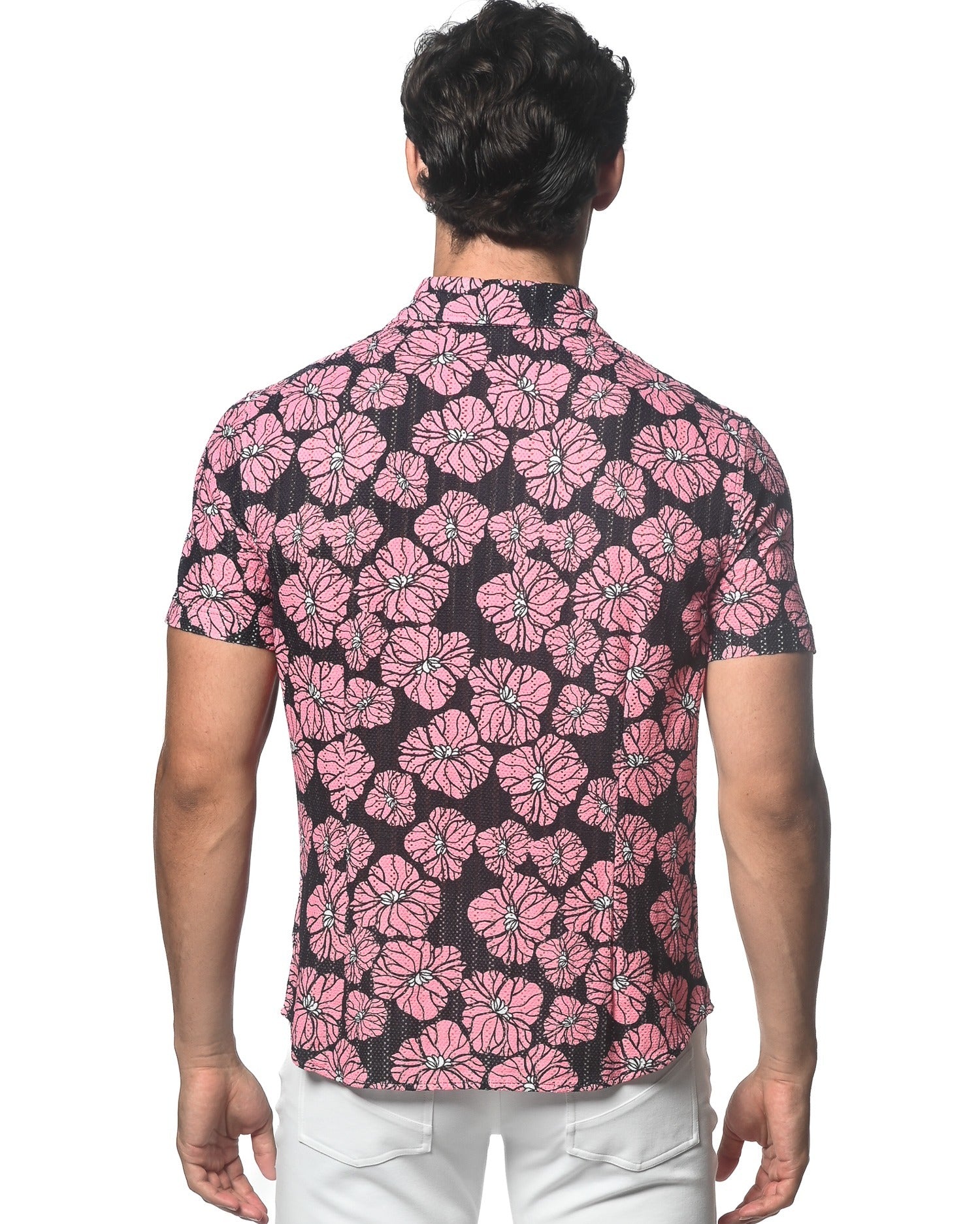 PINK/ BLACK FLORAL PRINTED OPEN KNIT STRETCH SHORT SLEEVE SHIRT ST-48056