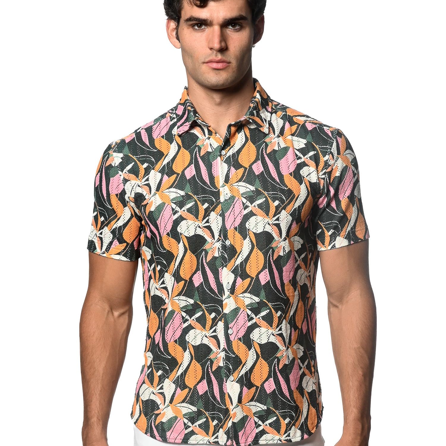 SPRUCE/ AMBER LEAVES PRINTED OPEN KNIT STRETCH SHORT SLEEVE SHIRT