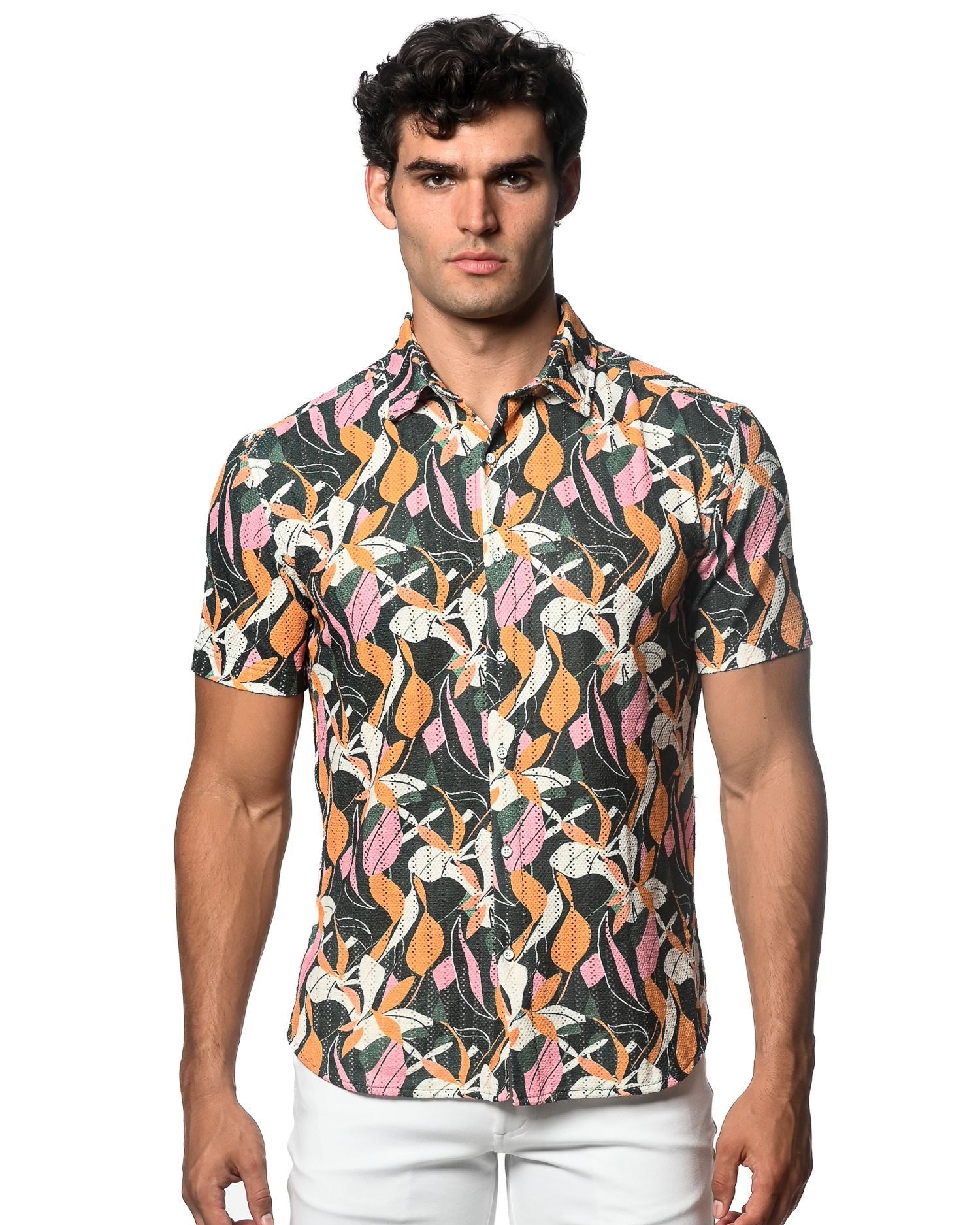 SPRUCE/ AMBER LEAVES PRINTED OPEN KNIT STRETCH SHORT SLEEVE SHIRT