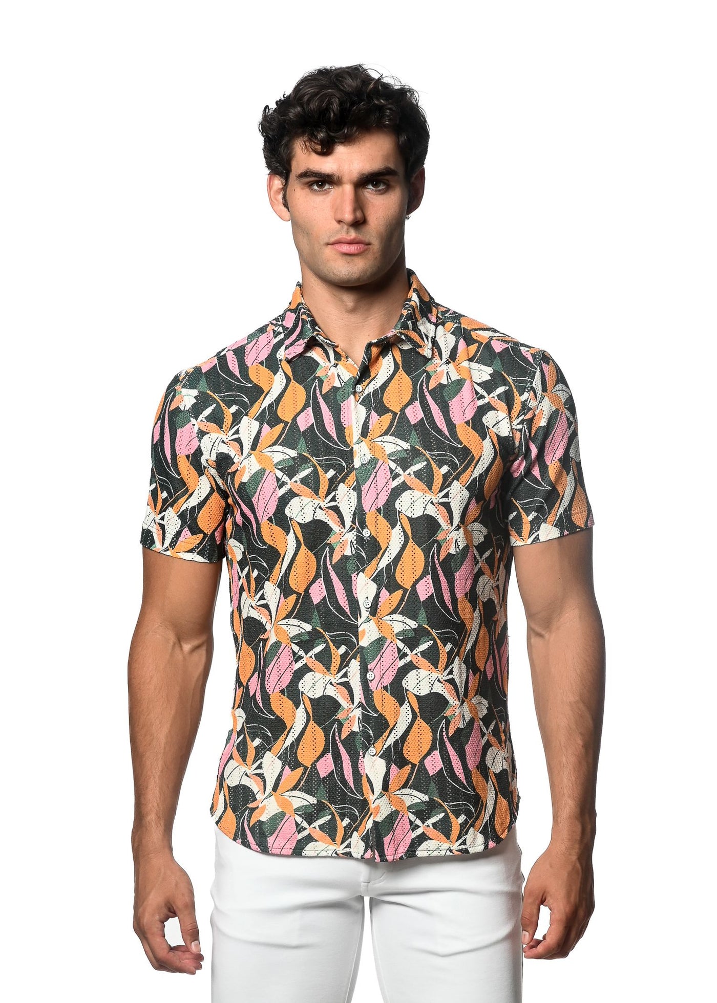 ニット・セーター 3 TAP Works Short Sleeve Knit Shirt (3color) SPRUCE/ AMBER LEAVES PRINTED OPEN KNIT STRETCH SHORT SLEEVE