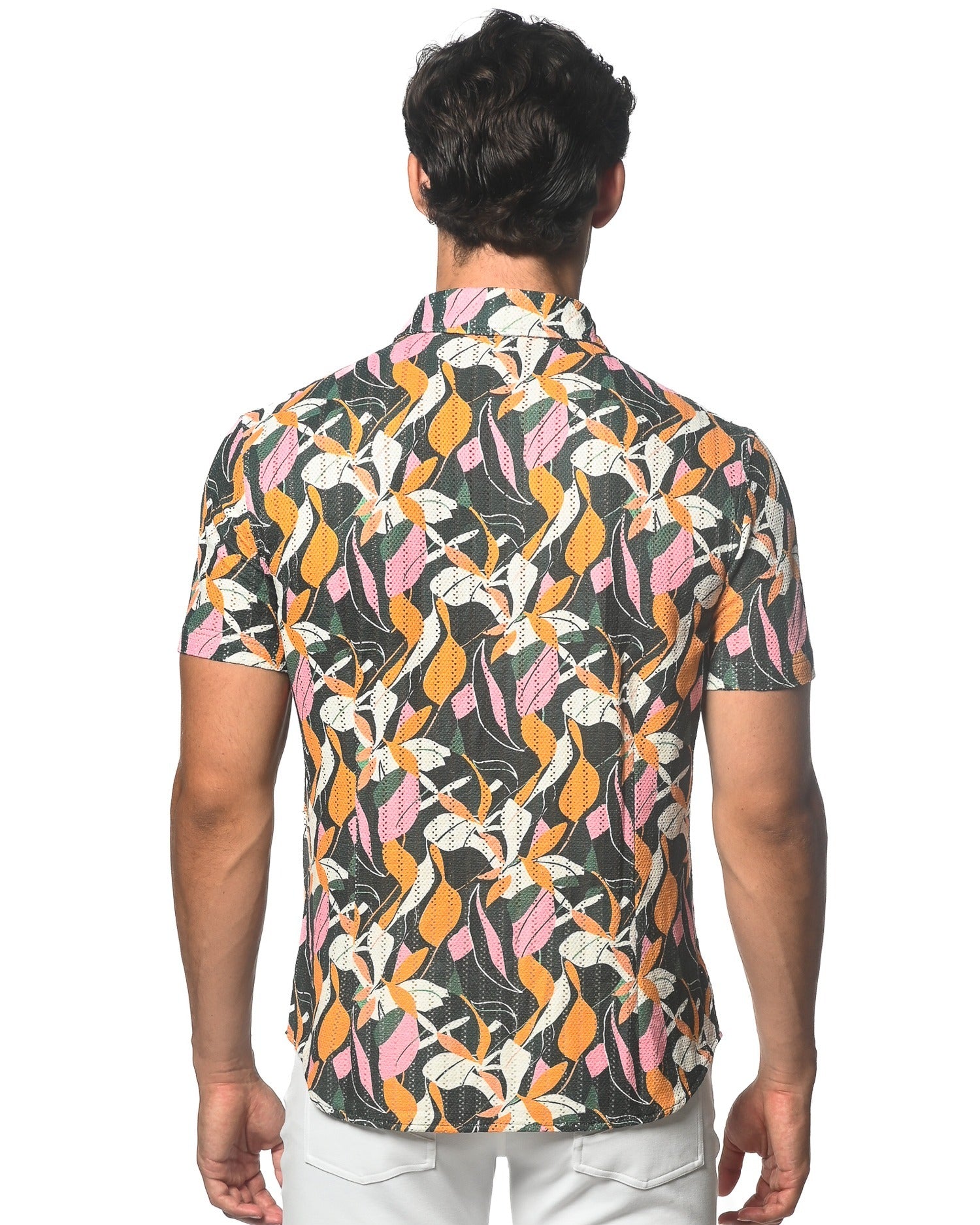 SPRUCE/ AMBER LEAVES PRINTED OPEN KNIT STRETCH SHORT SLEEVE SHIRT