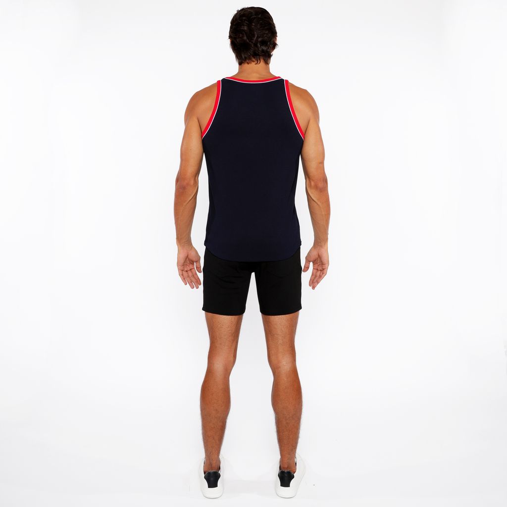 NAVY/CARMINE RIB STRETCH COTTON/RAYON RINGER W/ PIPING DETAIL STA-16009-01