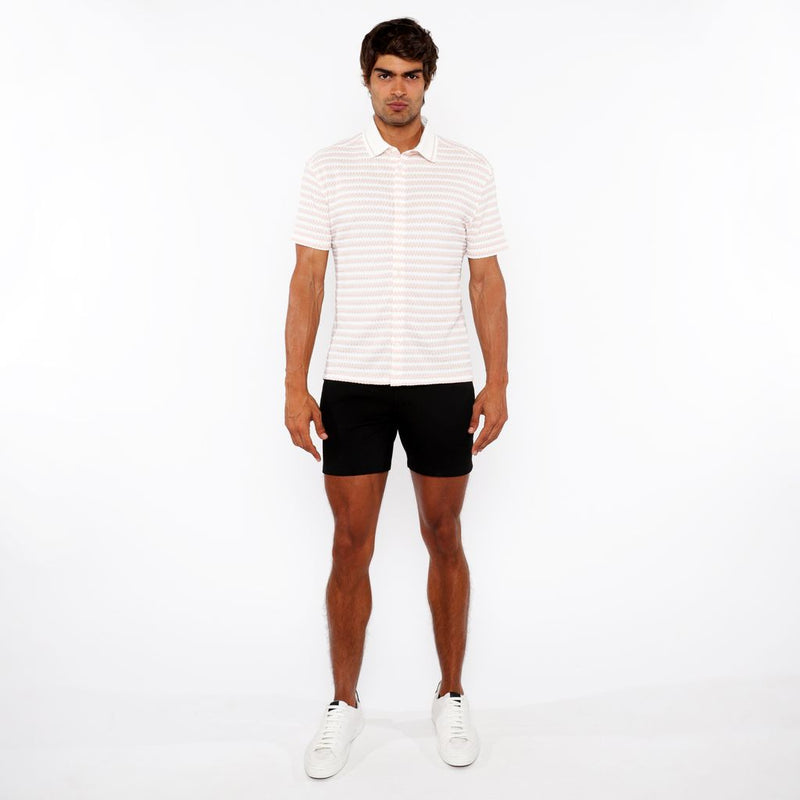 PARFAIT/WHITE STRETCH OPEN KNIT STRIPES SHORT SLEEVE SHIRT W/ RIB COLLAR ST-24069