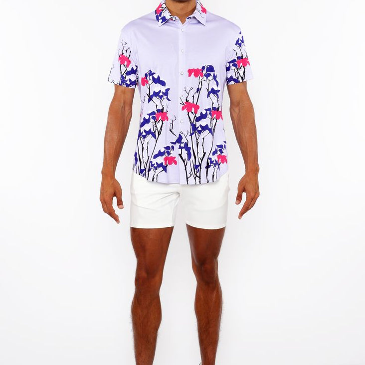 NAVY/LILAC FLORAL BORDER PRINT COTTON JERSEY KNIT SHORT SLEEVE SHIRT ST-9336