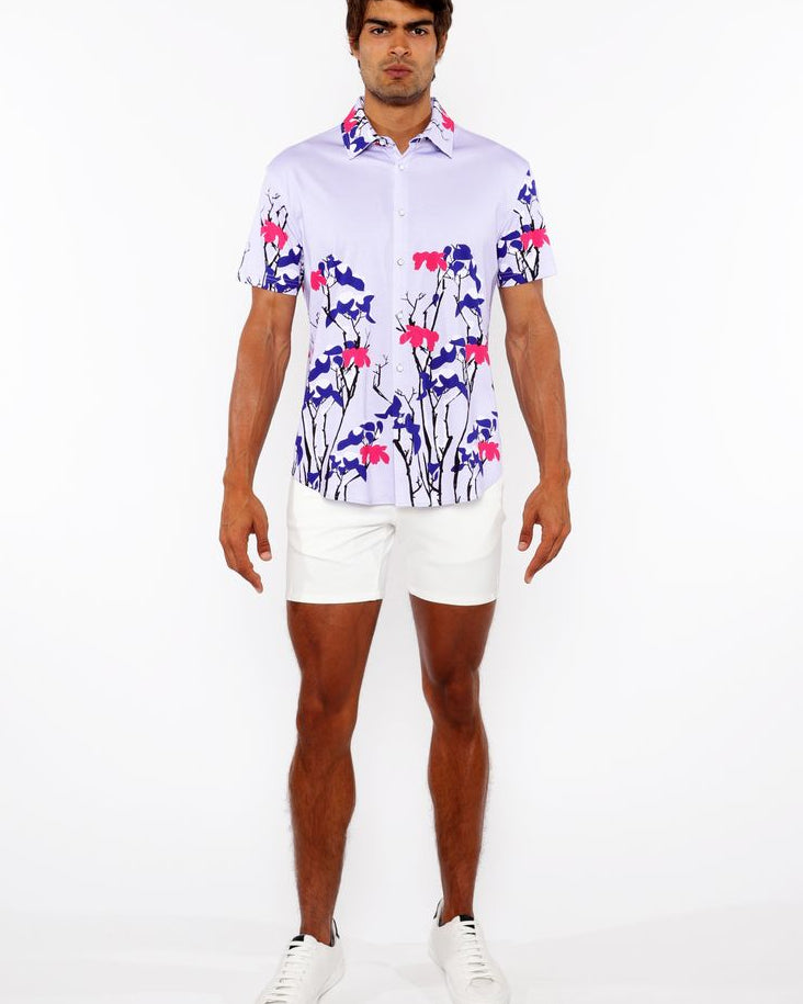 NAVY/LILAC FLORAL BORDER PRINT COTTON JERSEY KNIT SHORT SLEEVE SHIRT ST-9336