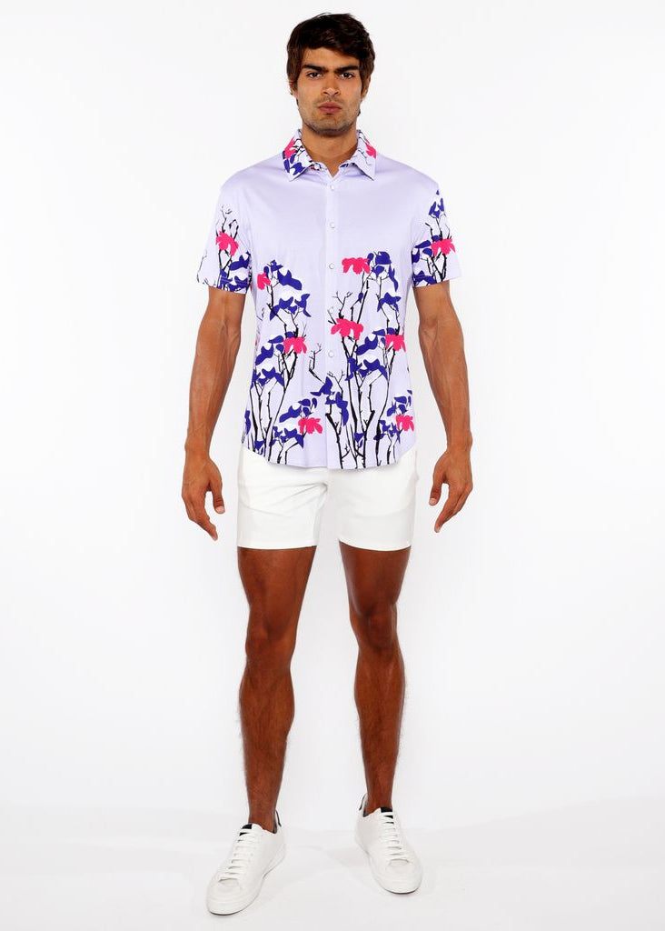 NAVY/LILAC FLORAL BORDER PRINT COTTON JERSEY KNIT SHORT SLEEVE SHIRT ST-9336