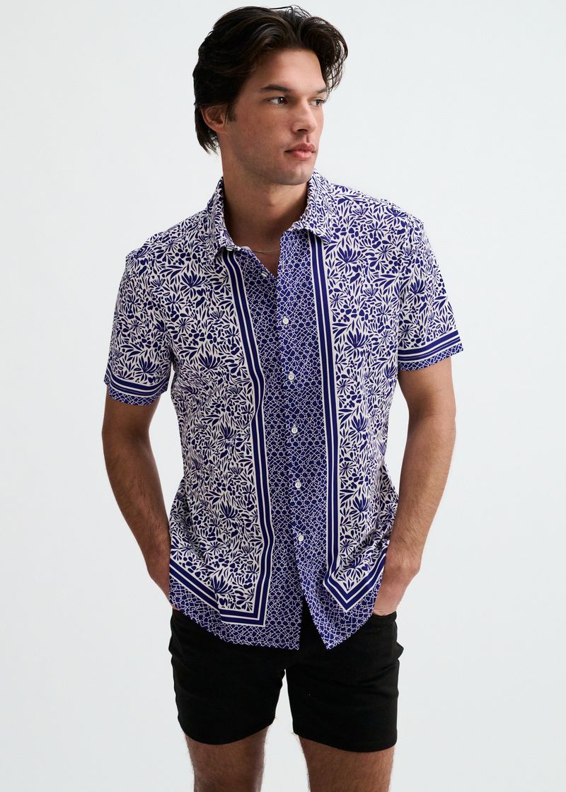 NAVY/WHITE DUO-PATTERN EDGE PRINT COTTON KNIT JERSEY SHORT SLEEVE SHIRT ST-9371