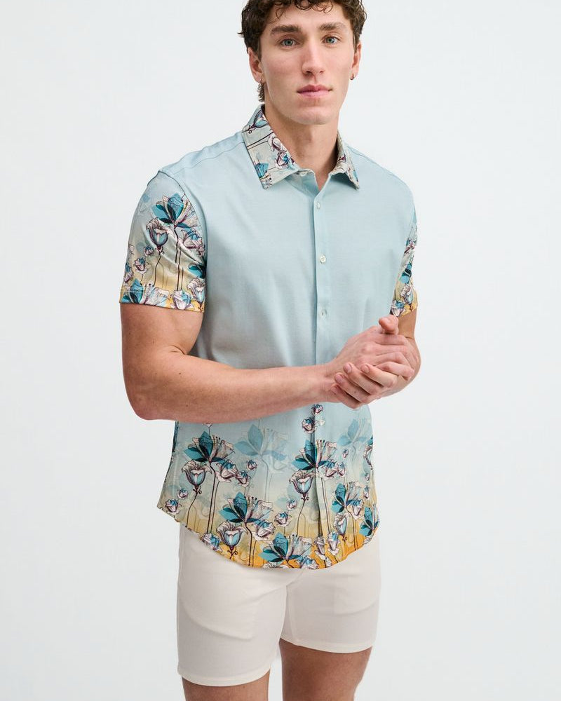TEAL/OCEAN FLORAL ENGINEERED BORDER PRINT COTTON KNIT JERSEY SHORT SLEEVE SHIRT ST-9352