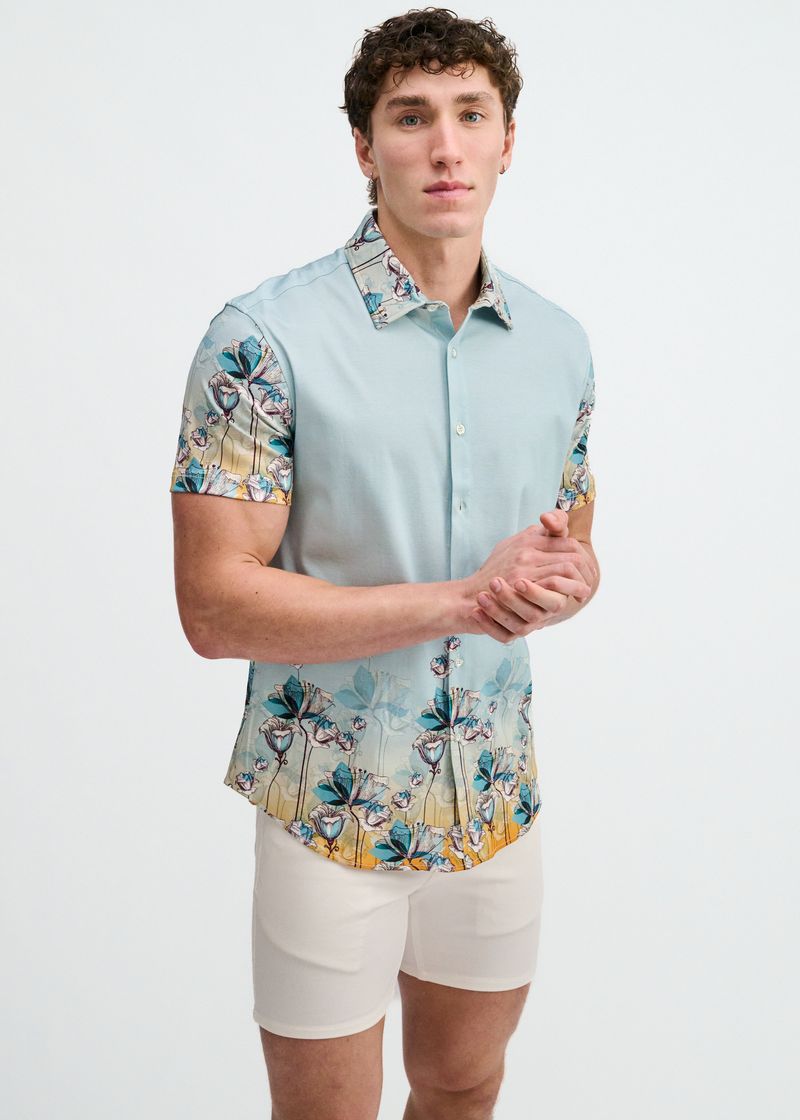 TEAL/OCEAN FLORAL ENGINEERED BORDER PRINT COTTON KNIT JERSEY SHORT SLEEVE SHIRT ST-9352