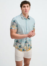 TEAL/OCEAN FLORAL ENGINEERED BORDER PRINT COTTON KNIT JERSEY SHORT SLEEVE SHIRT ST-9352