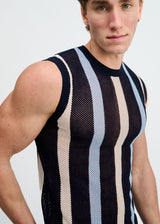 NAVY TEXTURED STRIPE OPEN KNIT VEST ST-24311