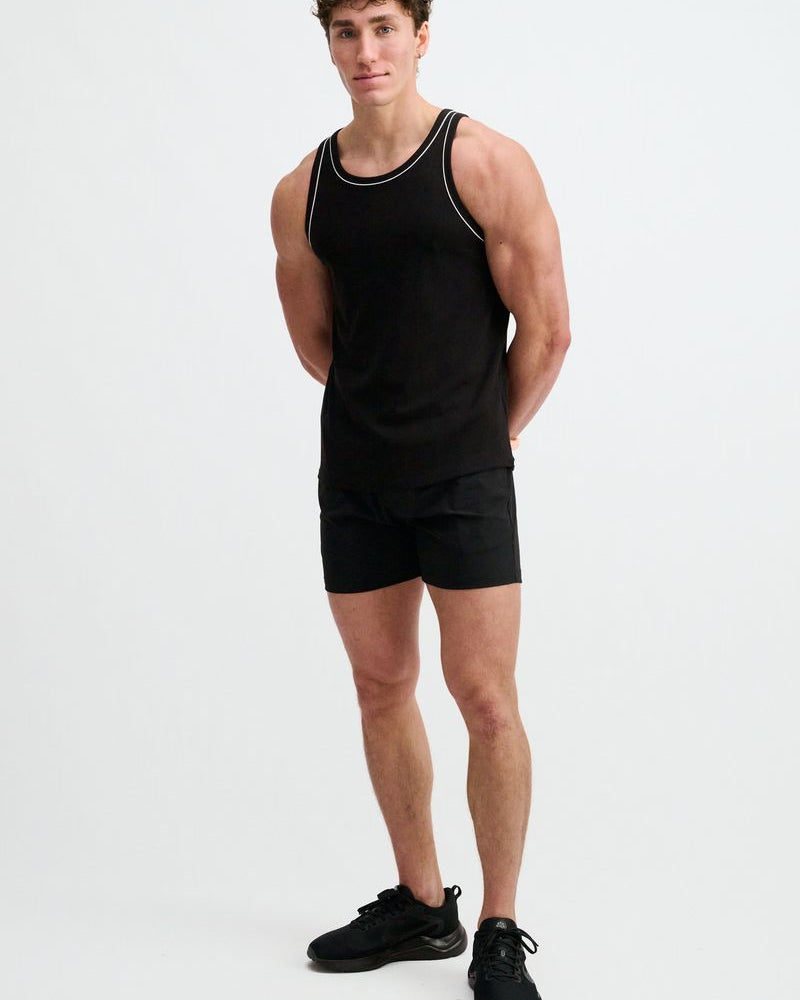 BLACK/WHITE RIB STRETCH COTTON/TENCEL TANK W/FINE PIPING DETAIL STA-16011
