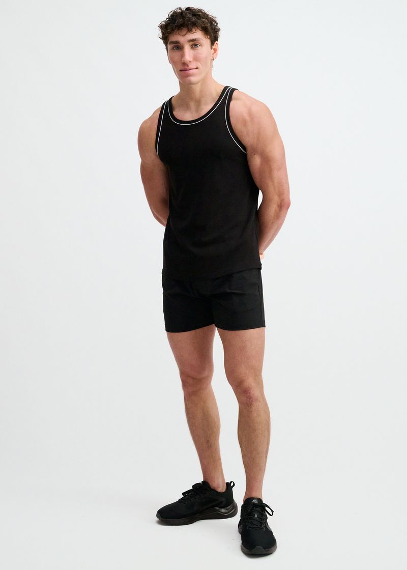 BLACK/WHITE RIB STRETCH COTTON/TENCEL TANK W/FINE PIPING DETAIL STA-16011