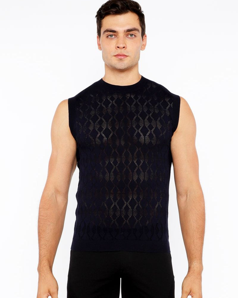 NAVY DIAMOND POINTELLE KNITTED VEST ST-24301