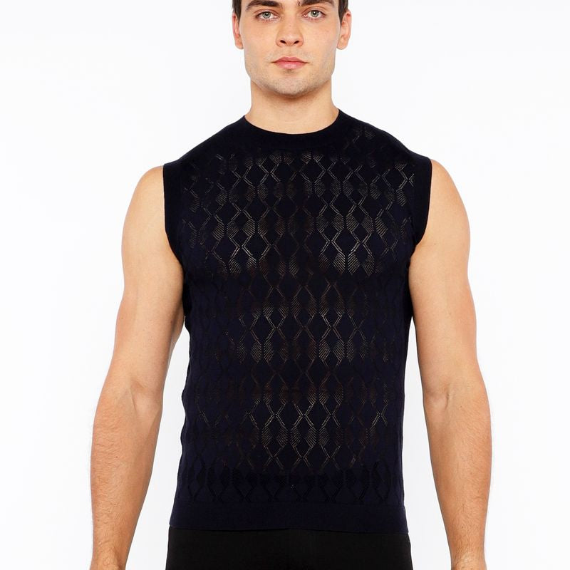 NAVY DIAMOND POINTELLE KNITTED VEST ST-24301