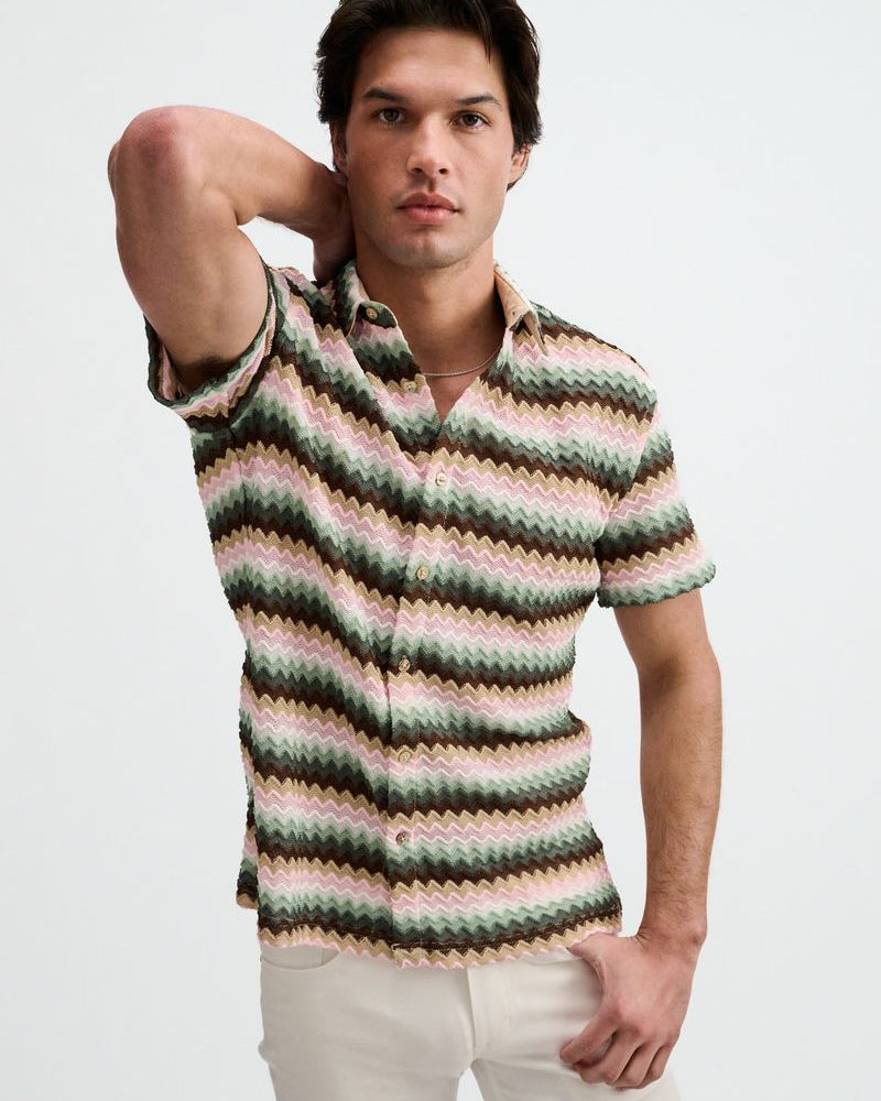 FOREST/MOSS OPEN KNIT STRETCH CHEVRON SHORT SLEEVE SHIRT ST-24078