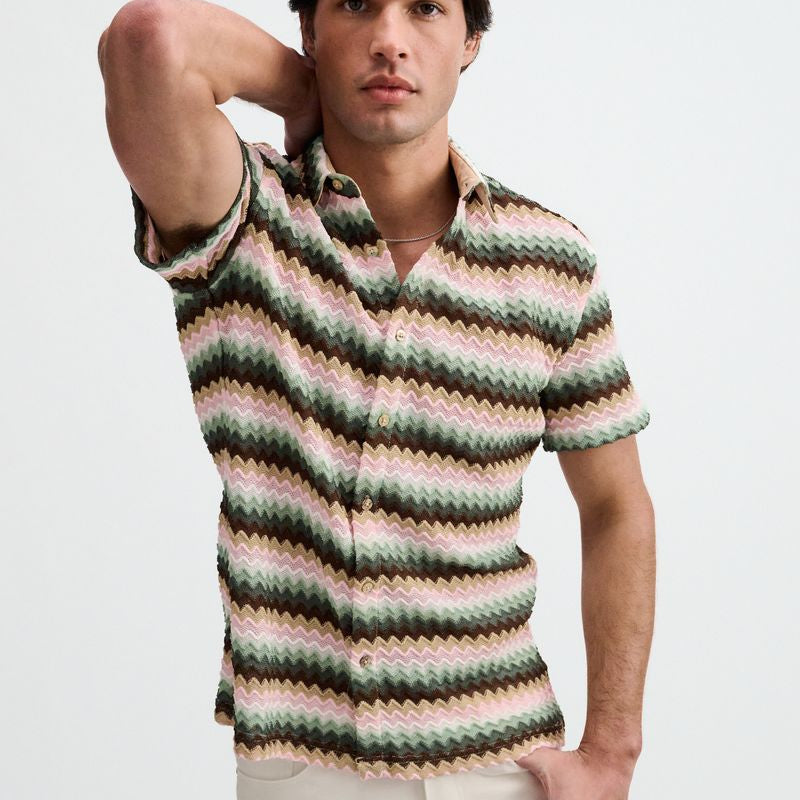 FOREST/MOSS OPEN KNIT STRETCH CHEVRON SHORT SLEEVE SHIRT ST-24078