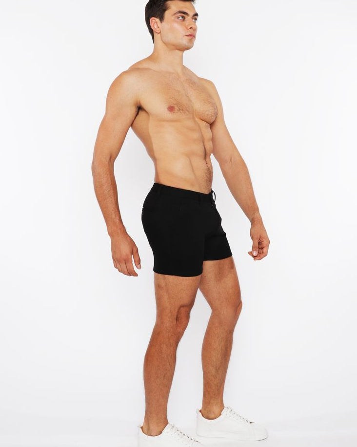 BLACK 5"INSEAM LINEN-LOOK TEXTURED STRETCH KNIT CHINO SHORTS W/ZIP POCKETS ST-1986-09
