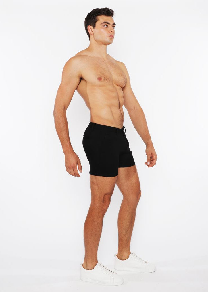 BLACK 5"INSEAM LINEN-LOOK TEXTURED STRETCH KNIT CHINO SHORTS W/ZIP POCKETS ST-1986-09