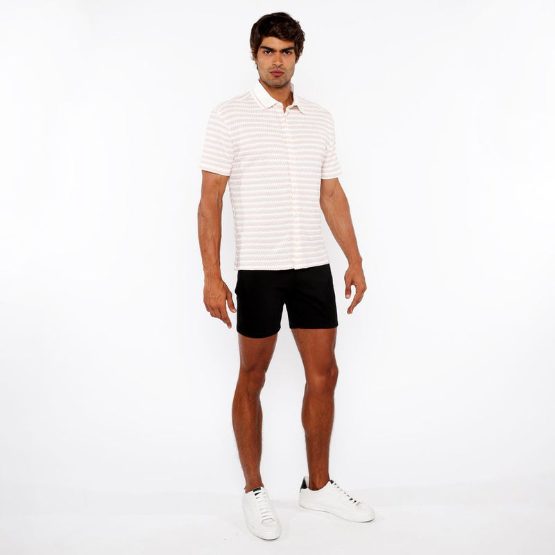 PARFAIT/WHITE STRETCH OPEN KNIT STRIPES SHORT SLEEVE SHIRT W/ RIB COLLAR ST-24069