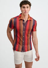 NAVY/RED VERTICAL ARROW STRIPE OPEN KNIT SHORT SLEEVE SHIRT ST-24072