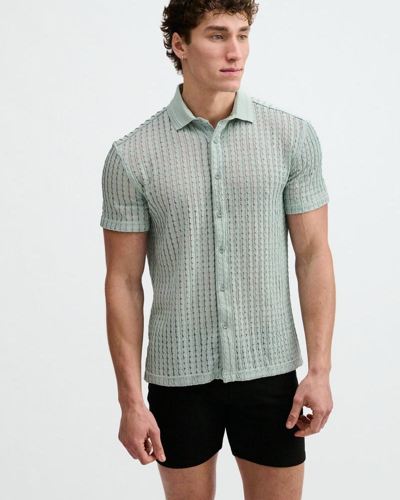 OCEAN OPEN KNIT SHORT SLEEVE SHIRT W/RIB COLLAR ST-24076