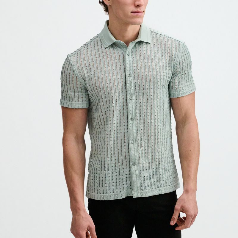 OCEAN OPEN KNIT SHORT SLEEVE SHIRT W/RIB COLLAR ST-24076