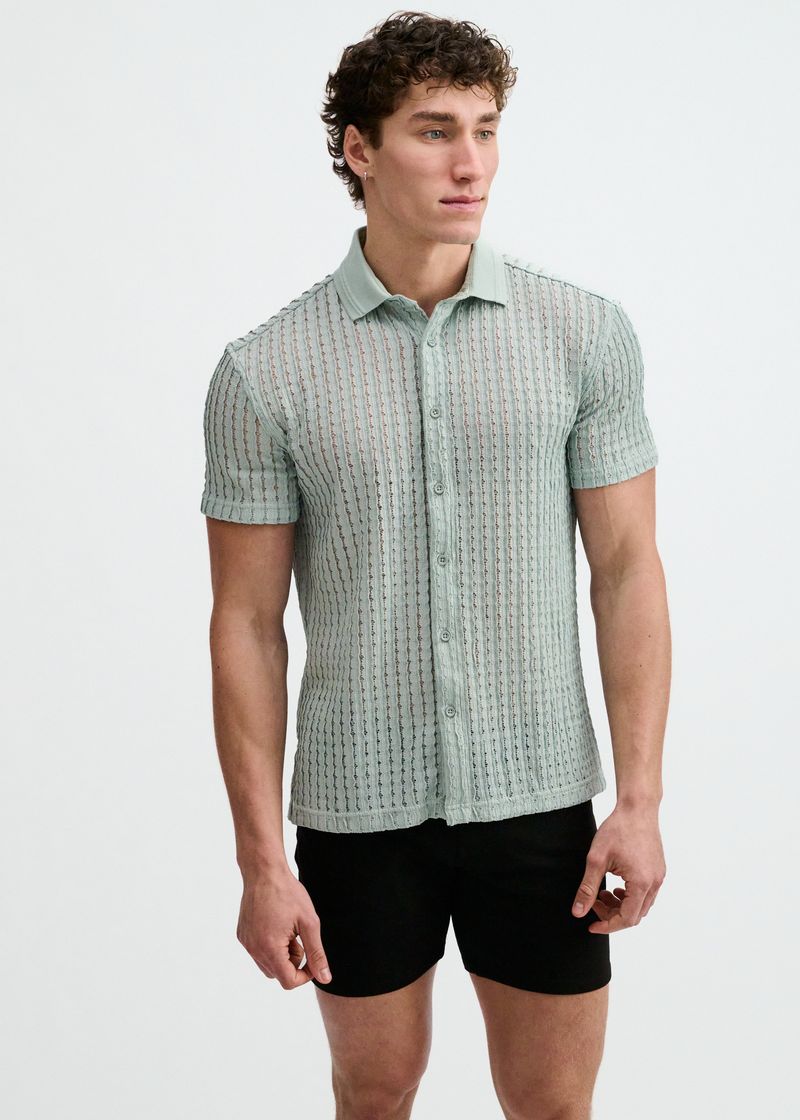 OCEAN OPEN KNIT SHORT SLEEVE SHIRT W/RIB COLLAR ST-24076