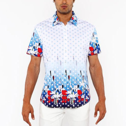 CLOUD/NAVY DOTS BORDER PRINT COTTON JERSEY KNIT SHORT SLEEVE SHIRT ST-9344