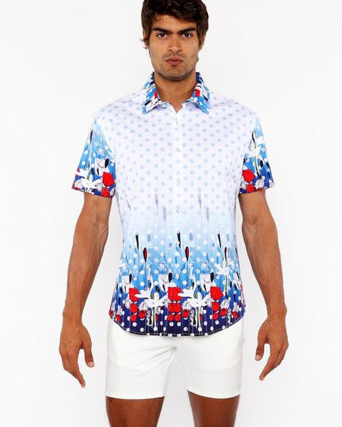 CLOUD/NAVY DOTS BORDER PRINT COTTON JERSEY KNIT SHORT SLEEVE SHIRT ST-9344