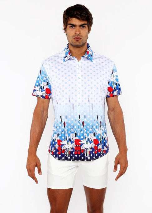 CLOUD/NAVY DOTS BORDER PRINT COTTON JERSEY KNIT SHORT SLEEVE SHIRT ST-9344