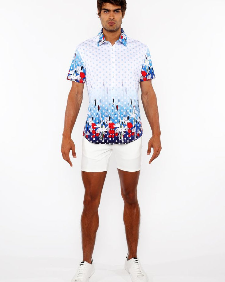 CLOUD/NAVY DOTS BORDER PRINT COTTON JERSEY KNIT SHORT SLEEVE SHIRT ST-9344