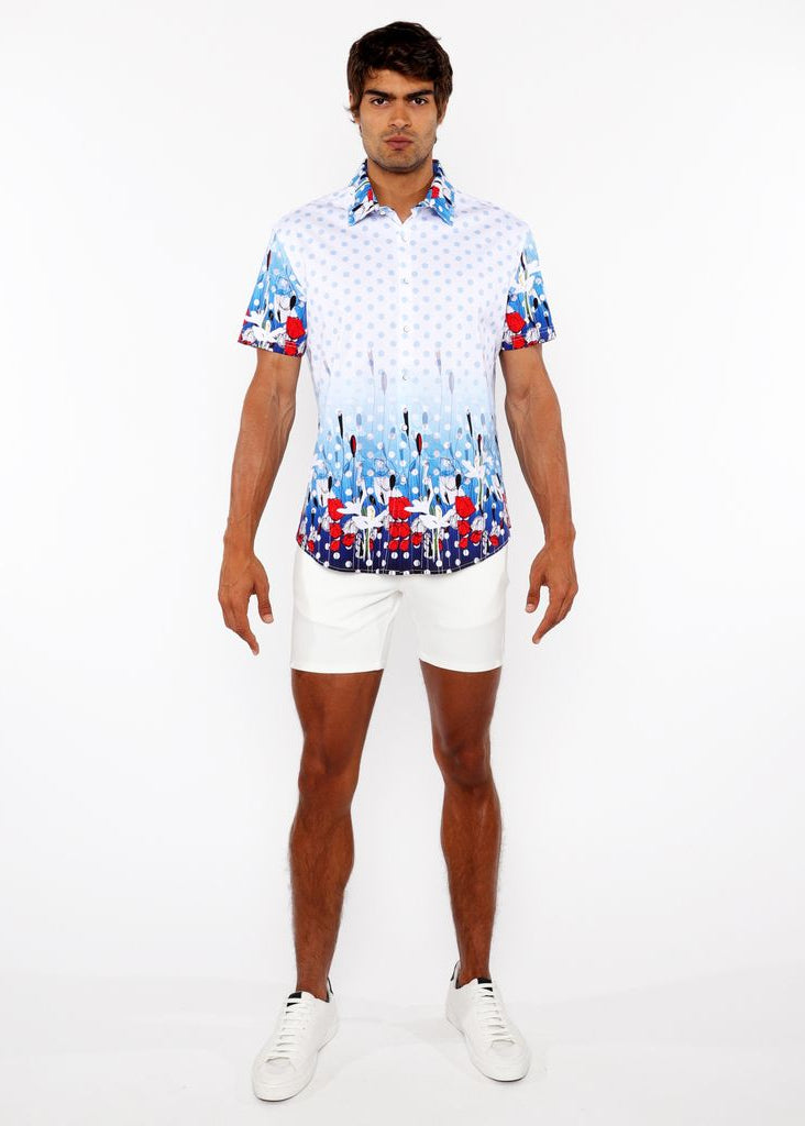 CLOUD/NAVY DOTS BORDER PRINT COTTON JERSEY KNIT SHORT SLEEVE SHIRT ST-9344