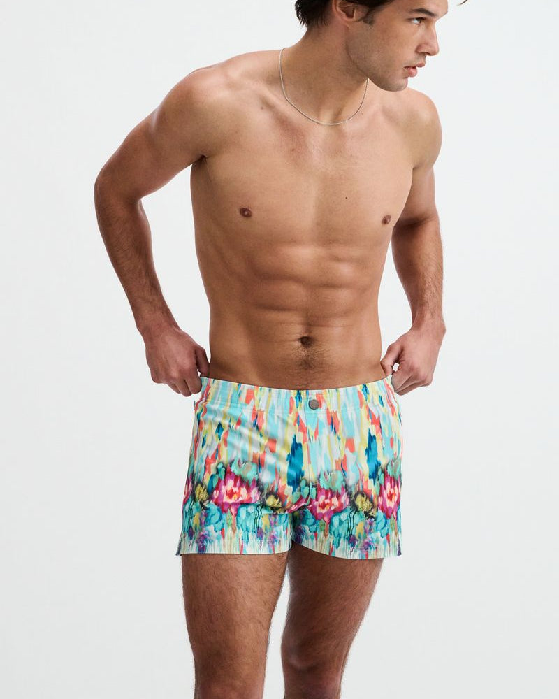 TEAL/MULTI DRIPS PRINTED SWIM SHORTS W/MESH BRIEF LINING ST-8024-13