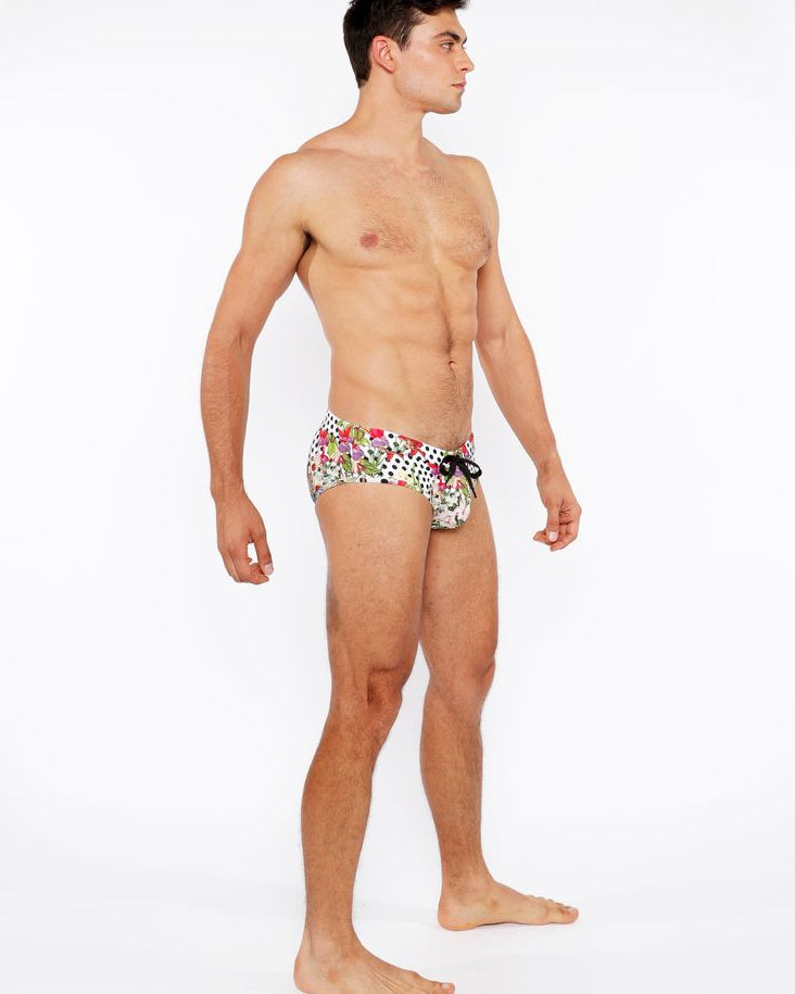 BLACK/WHITE DOTS FLORAL PRINTED SWIM BRIEF ST-8015-26