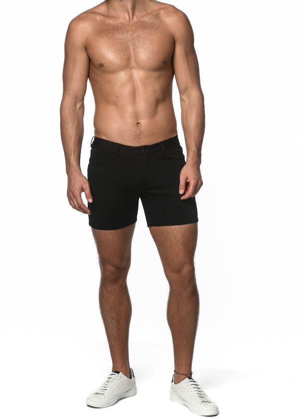 Men's black stretch knit shorts designed for comfort and style with a slim fit