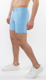 ST33LE mens pale blue stretch shorts worn by male model with white sneakers