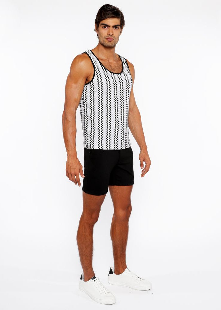 FOG BLUE/BLACK ZIGZAG STRIPES STRETCH OPEN KNIT TANK TOP ST-24218